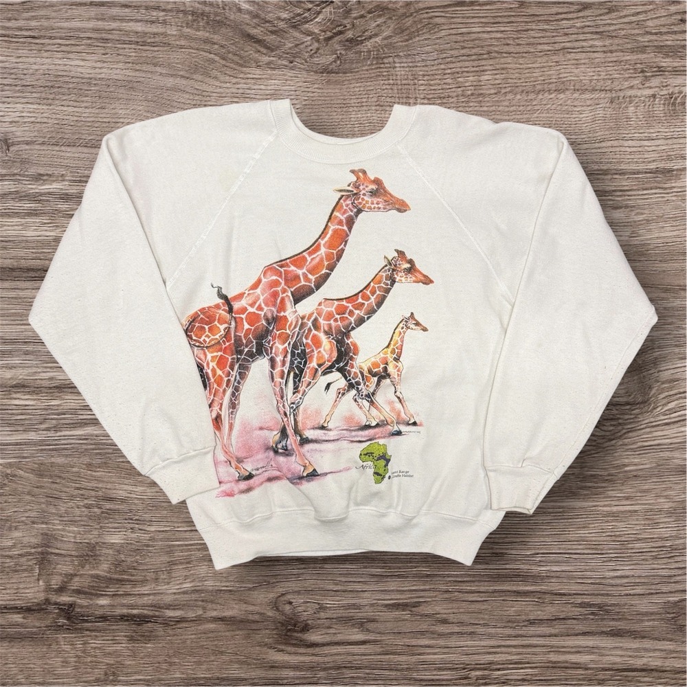 Vintage Hanes Giraffe Africa Habitat Sweatshirt Mens Large White Made in USA